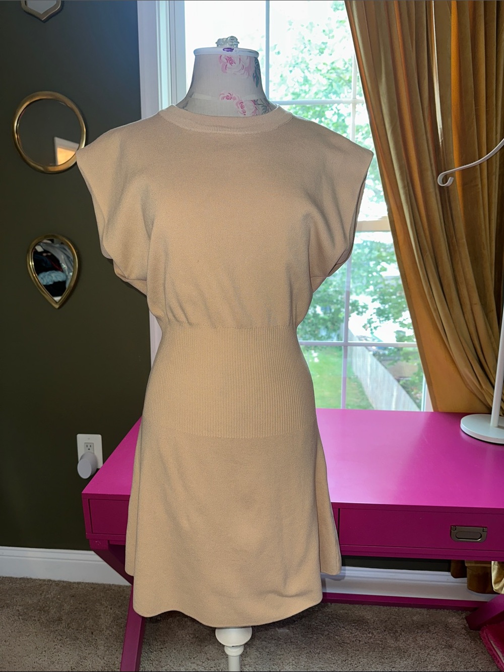Zara Sleeveless Knit Waist-Defined Dress in Beige